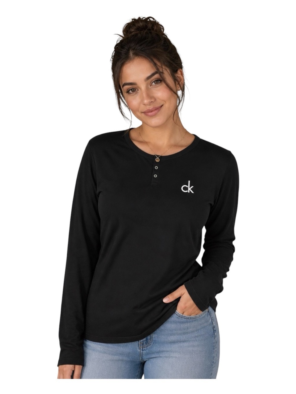 Calvin Klein Black Long Sleeve Henley ribbed Shirt with logo, sz Large
